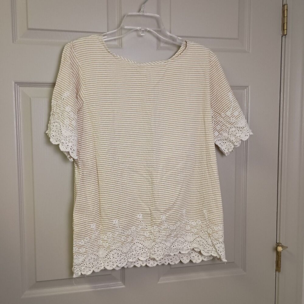 World Market Womens Blouse L/XL Striped Yellow Crochet Hem & Sleeve 100% Cotton